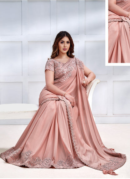 Peach Silk Designer Party Wear Saree With Stone and Sequins work-2