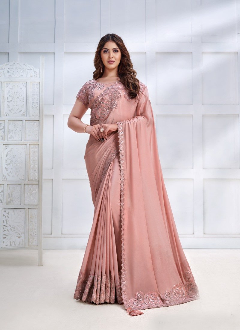 Peach Silk Designer Party Wear Saree With Stone and Sequins work