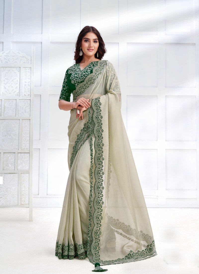 Light Green Silk Designer Party Wear Saree With Stone and Sequins work