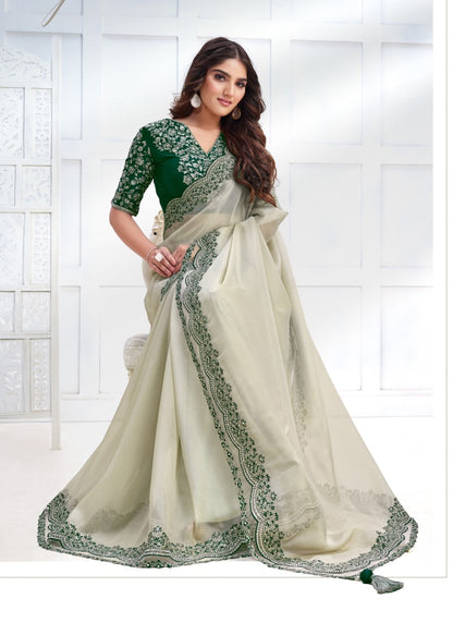 Light Green Silk Designer Party Wear Saree With Stone and Sequins work-2