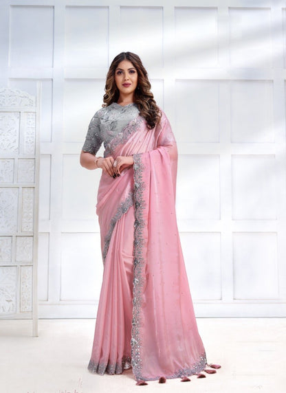 Pink Silk Designer Party Wear Saree With Stone and Sequins work