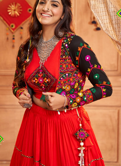 Red Rayon Navratri Lehenga Choli and Koti With Embroidered, Thread and Mirror Work-2
