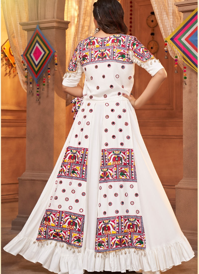 White Rayon Navratri Lehenga Choli and Koti With Embroidered, Thread and Mirror Work-2