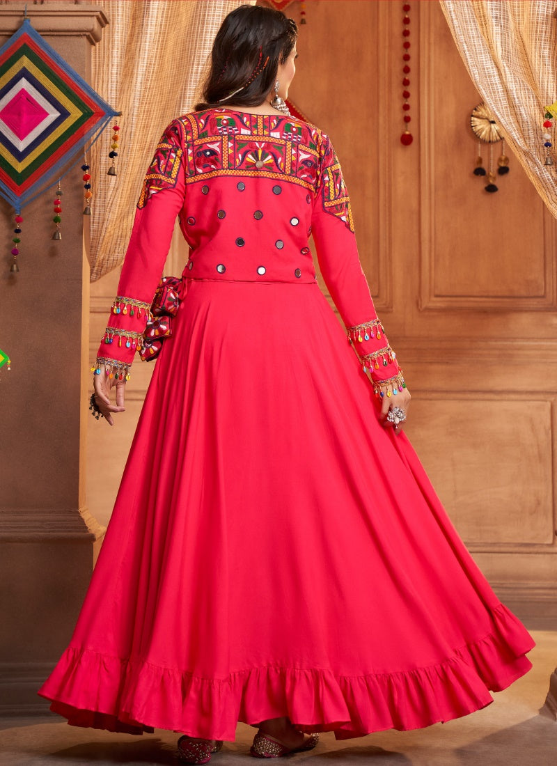 Pink Rayon Navratri Lehenga Choli and Koti With Embroidered, Thread and Mirror Work-2