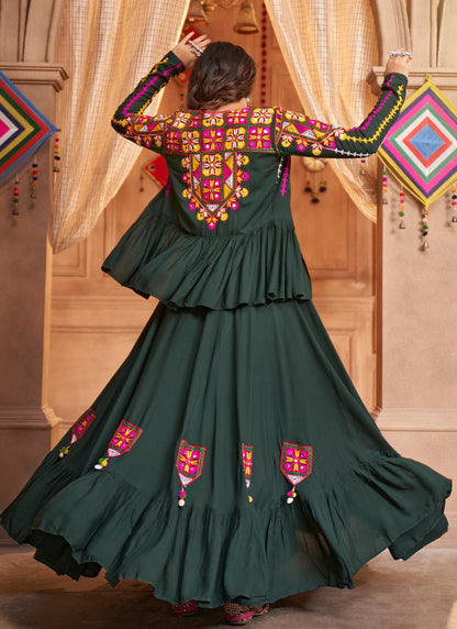 Green Rayon Navratri Lehenga Choli and Koti With Embroidered, Thread and Mirror Work-2