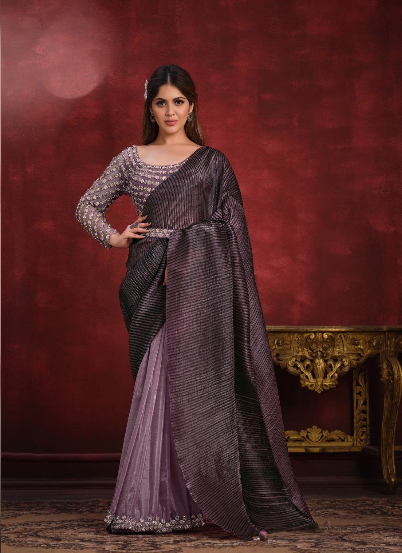 Light Purple Banarasi Silk Designer Saree With Sequins and Stone Work