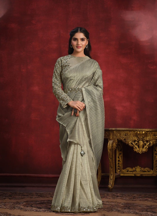 Light Green Banarasi Silk Designer Saree With Sequins and Stone Work