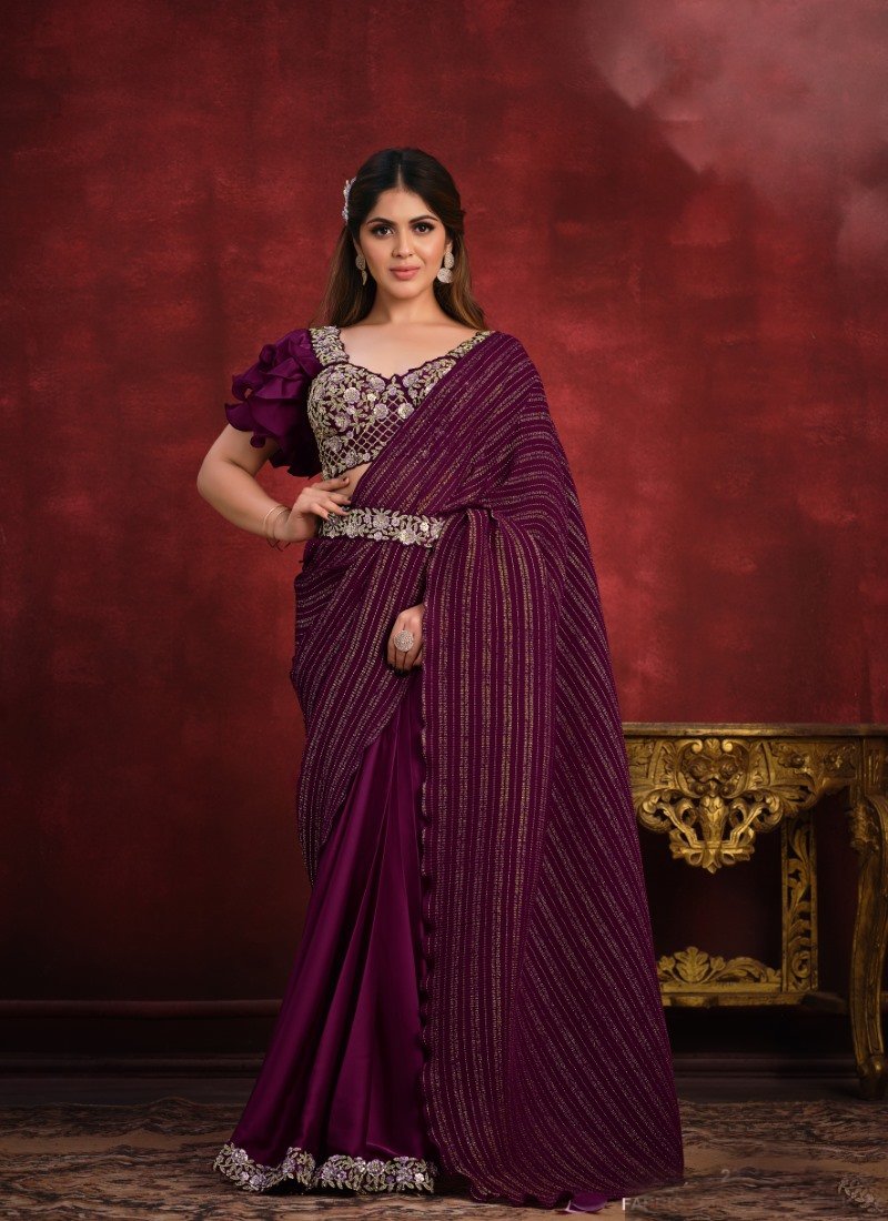 Purple Satin Silk Designer Saree With Sequins and Stone Work