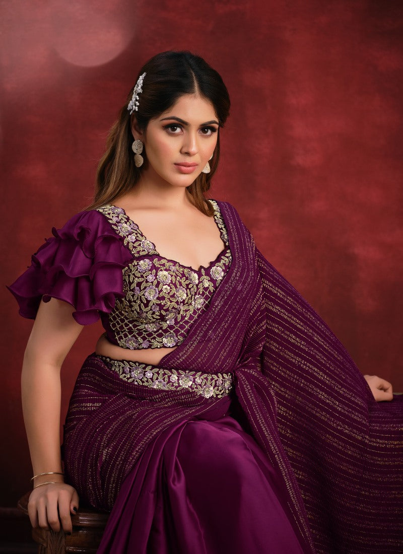 Purple Satin Silk Designer Saree With Sequins and Stone Work-2