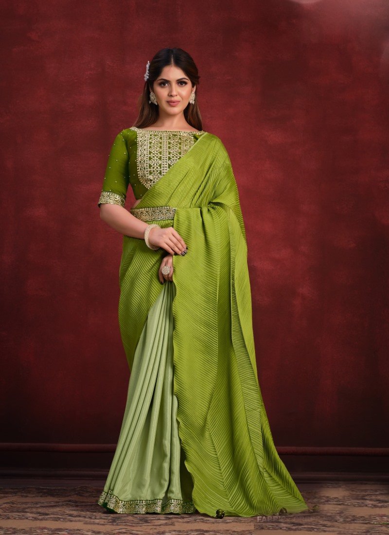 Pista Green Satin Silk Designer Saree With Sequins and Stone Work