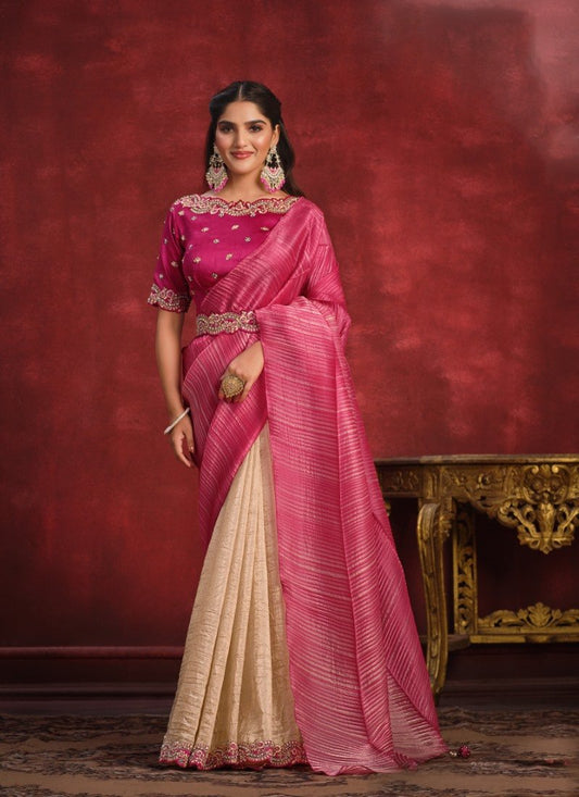 Pink Banarasi Silk Designer Saree With Sequins and Stone Work