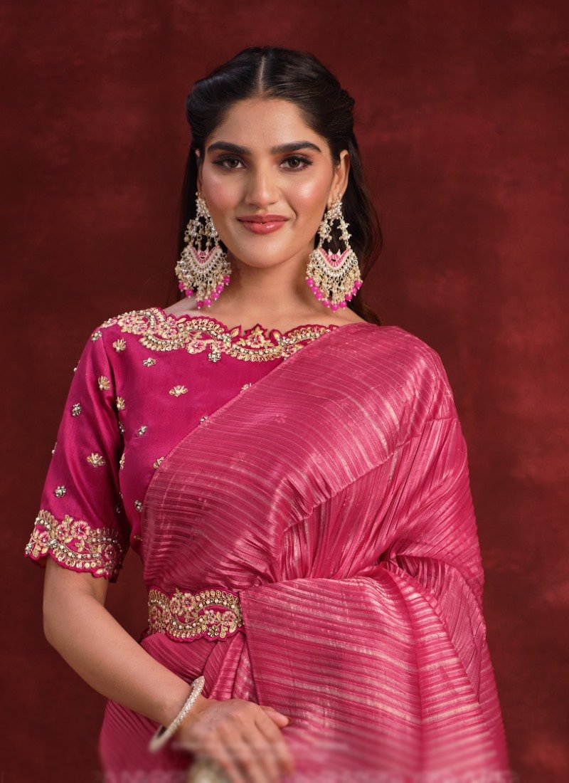 Pink Banarasi Silk Designer Saree With Sequins and Stone Work-2