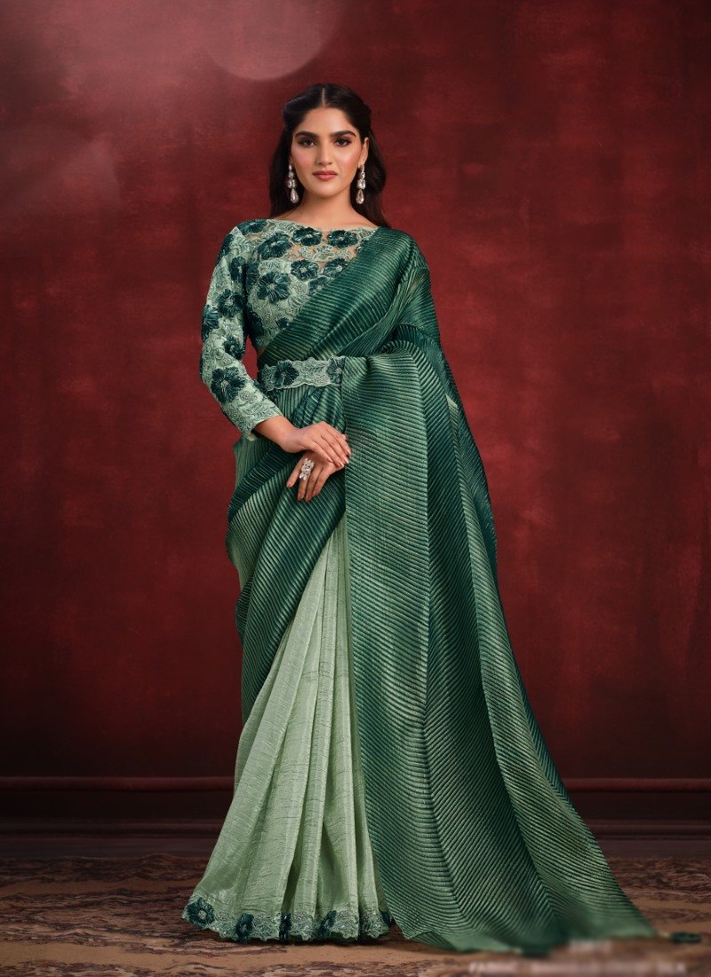 Green Banarasi Silk Designer Saree With Sequins and Stone Work