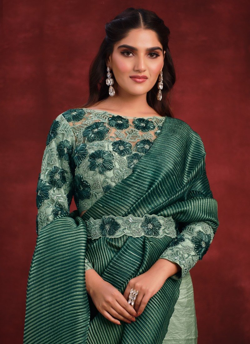 Green Banarasi Silk Designer Saree With Sequins and Stone Work-2