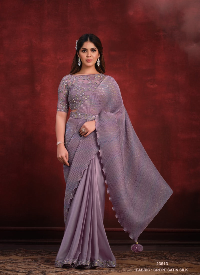 Light Purple Satin Silk Designer Saree With Sequins and Stone Work