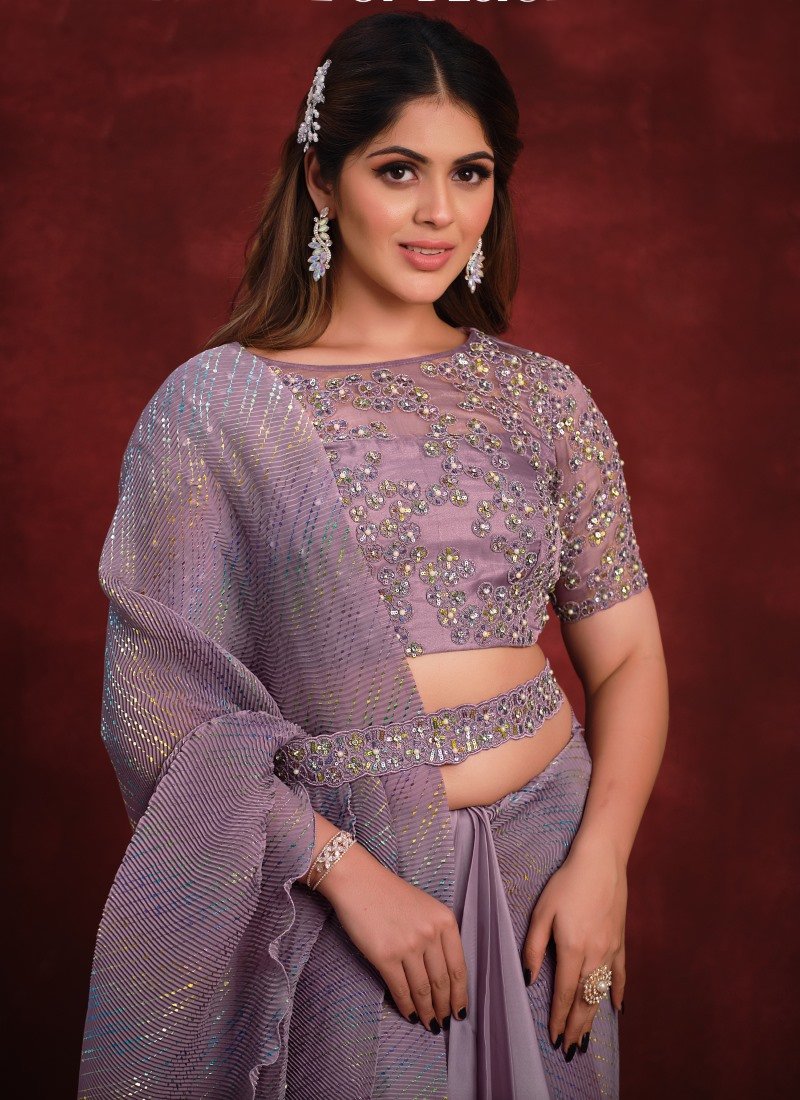 Light Purple Satin Silk Designer Saree With Sequins and Stone Work-2