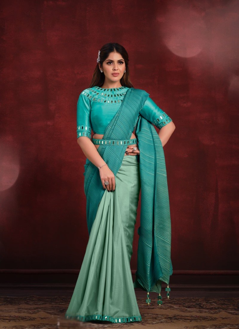 Sea Green Georgette Silk Designer Saree With Sequins and Stone Work