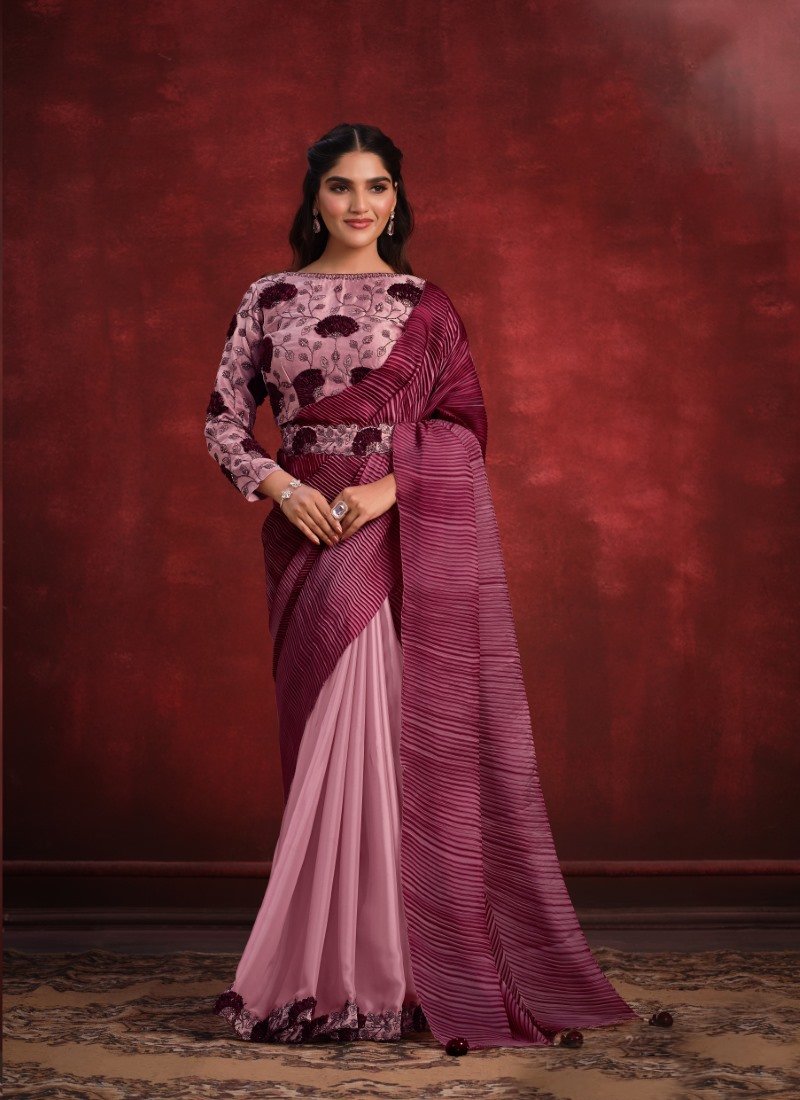 Maroon Satin Silk Designer Saree With Sequins and Stone Work