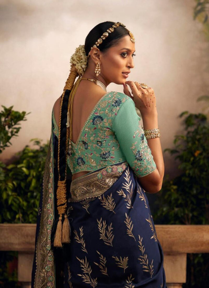 Blue Silk Wedding Saree With Heavy Embroidery, Stone and Sequins Work-2