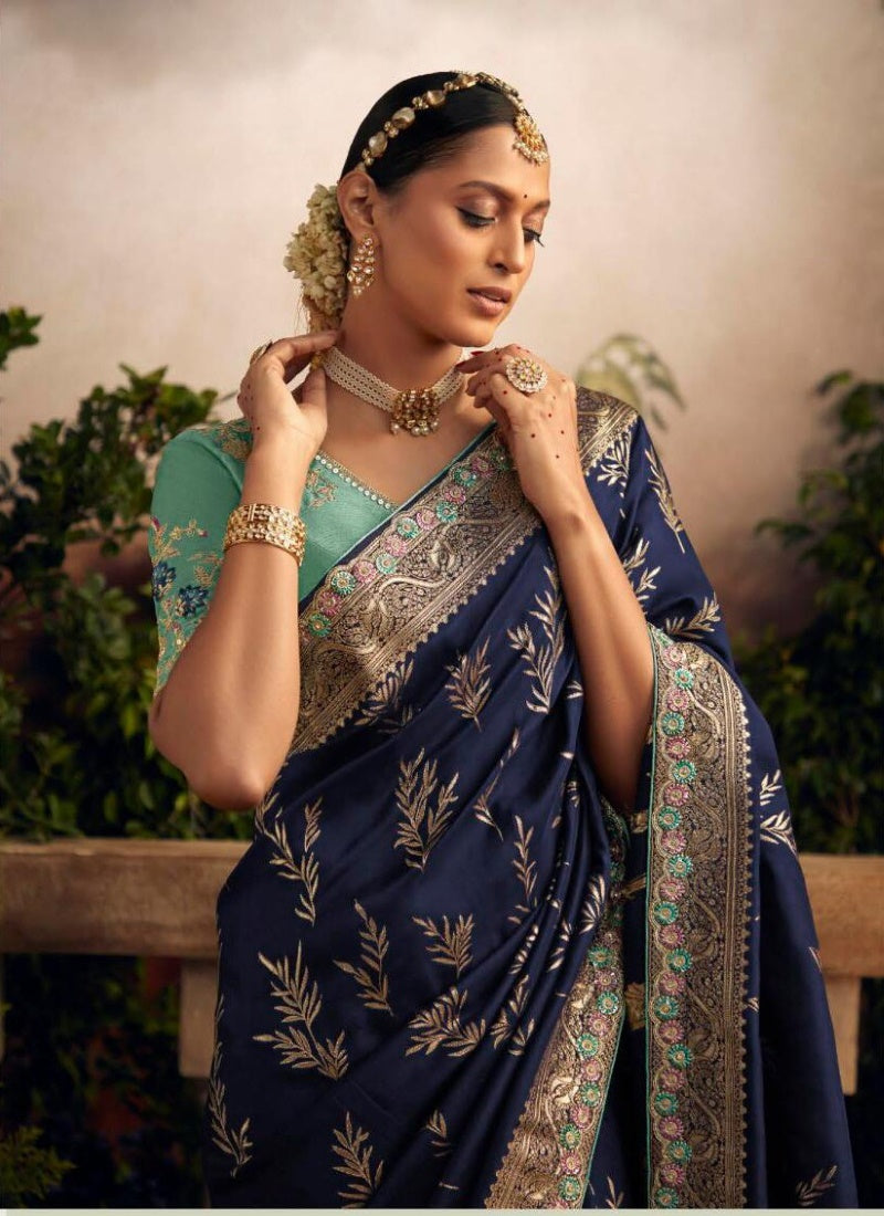 Blue Silk Wedding Saree With Heavy Embroidery, Stone and Sequins Work-2