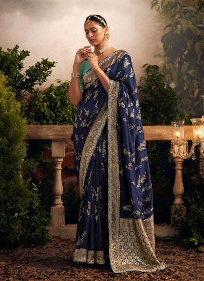 Blue Silk Wedding Saree With Heavy Embroidery, Stone and Sequins Work