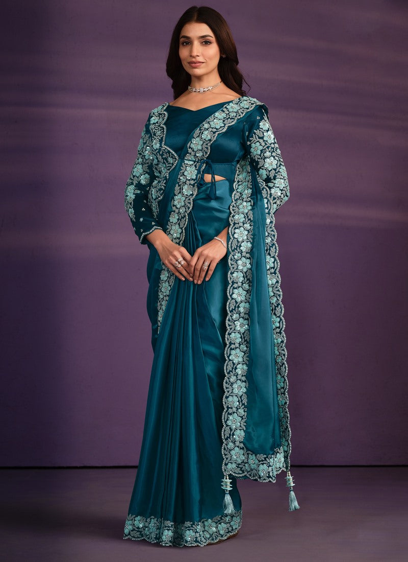 Teal Blue Satin Ready Made Party Wear Saree with Thread and Stone Work