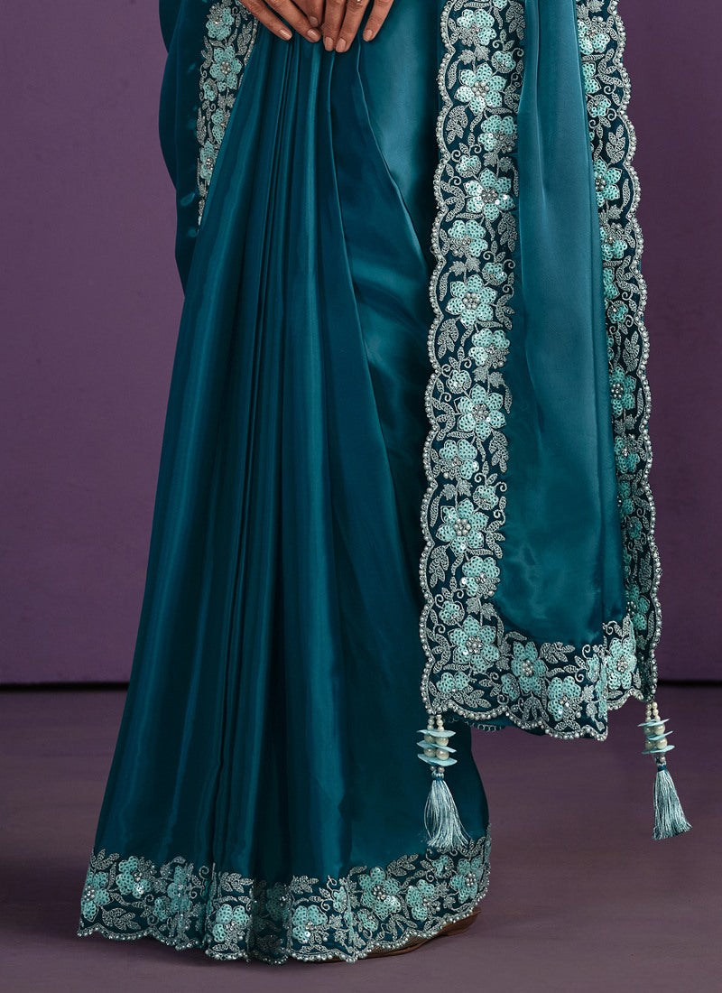 Teal Blue Satin Ready Made Party Wear Saree with Thread and Stone Work-2