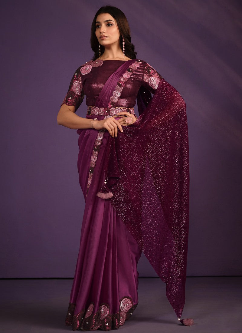 Purple Silk Ready Made Party Wear Saree with Thread and Stone Work