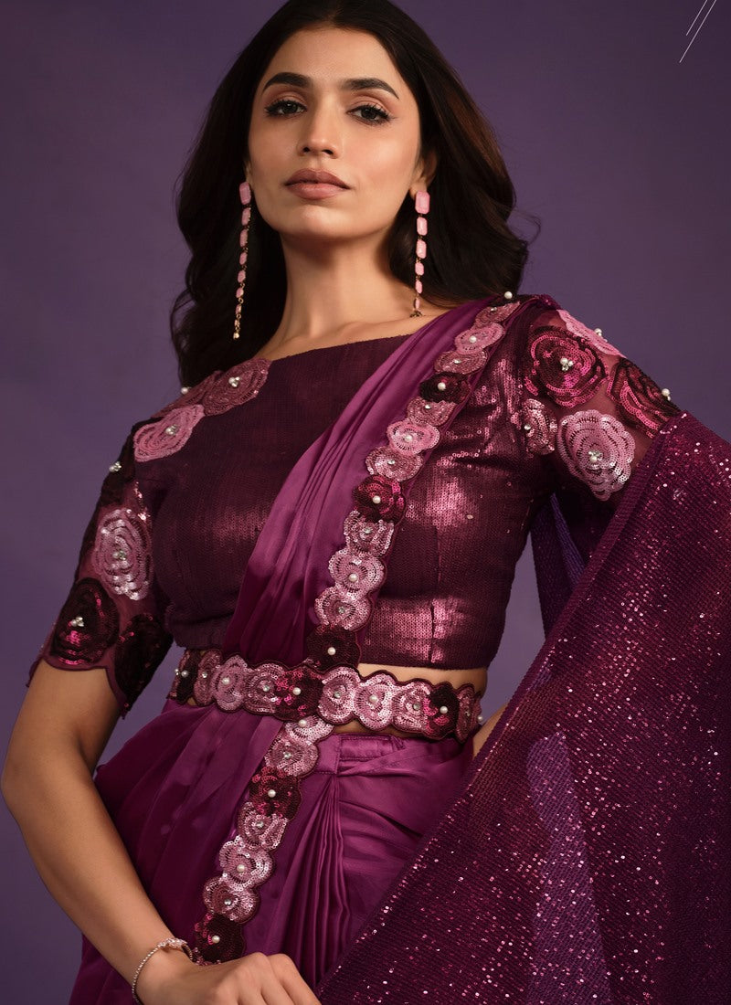 Purple Silk Ready Made Party Wear Saree with Thread and Stone Work-2