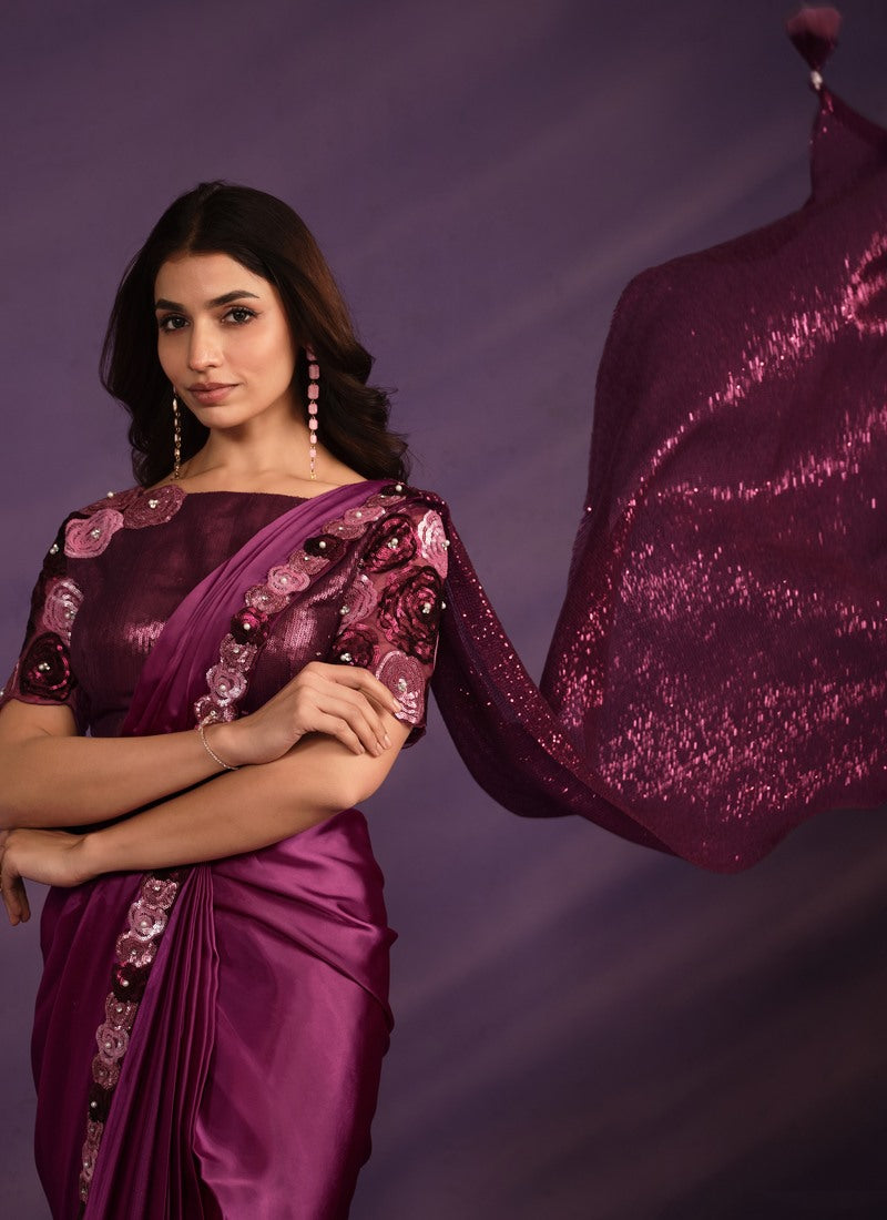 Purple Silk Ready Made Party Wear Saree with Thread and Stone Work-2