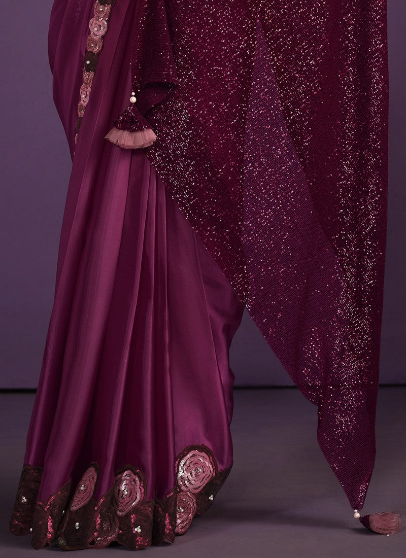 Purple Silk Ready Made Party Wear Saree with Thread and Stone Work-2