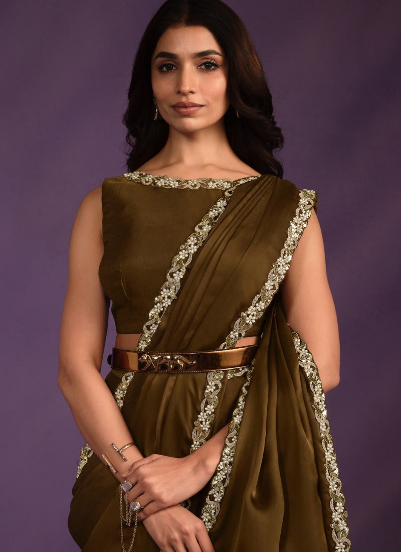 Brown Silk Ready Made Party Wear Saree with Thread and Stone Work-2