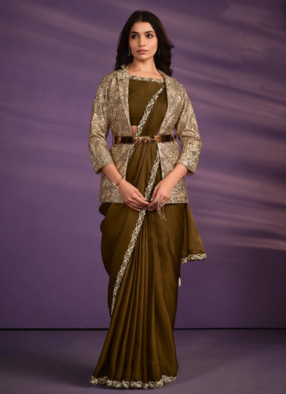 Brown Silk Ready Made Party Wear Saree with Thread and Stone Work