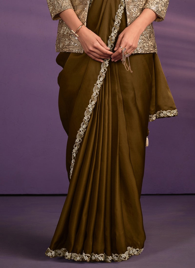 Brown Silk Ready Made Party Wear Saree with Thread and Stone Work-2