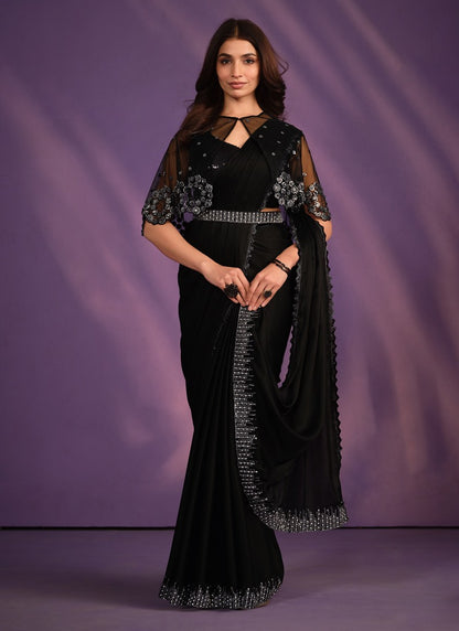 Black Georgette Ready Made Party Wear Saree with Thread and Stone Work