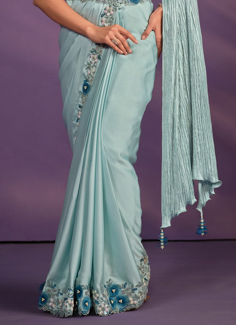 Sky Blue Silk Ready Made Party Wear Saree with Thread and Stone Work-2