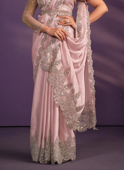 Pink Silk Ready Made Party Wear Saree with Thread and Stone Work-2