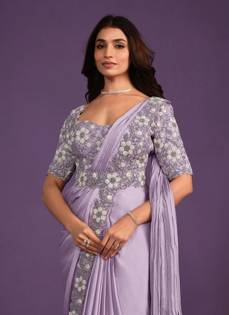 Lavender Silk Ready Made Party Wear Saree with Thread and Stone Work-2