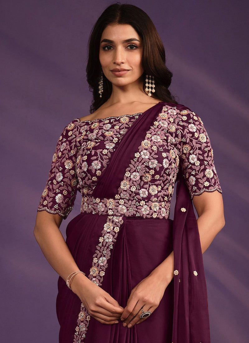 Purple Satin Ready Made Party Wear Saree with Thread and Stone Work-2