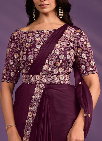 Purple Satin Ready Made Party Wear Saree with Thread and Stone Work-2