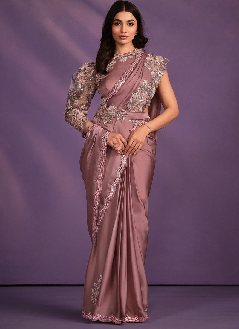 Peach Satin Ready Made Party Wear Saree with Thread and Stone Work