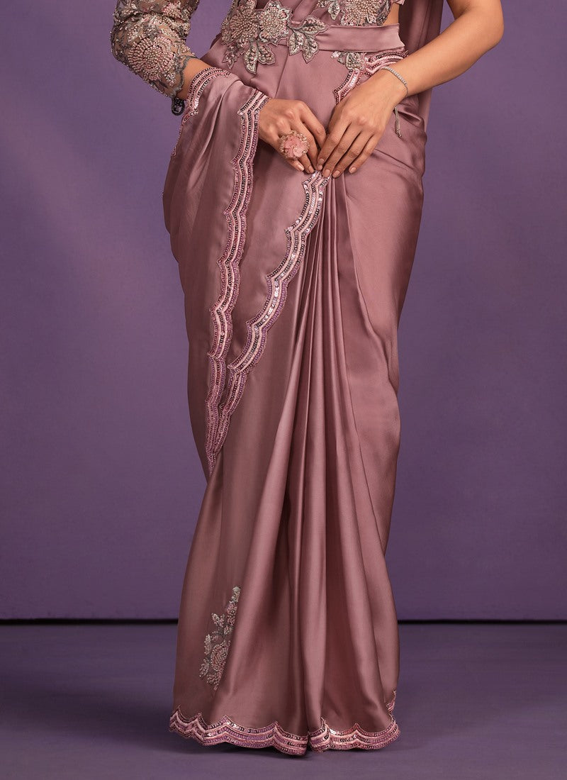 Peach Satin Ready Made Party Wear Saree with Thread and Stone Work-2