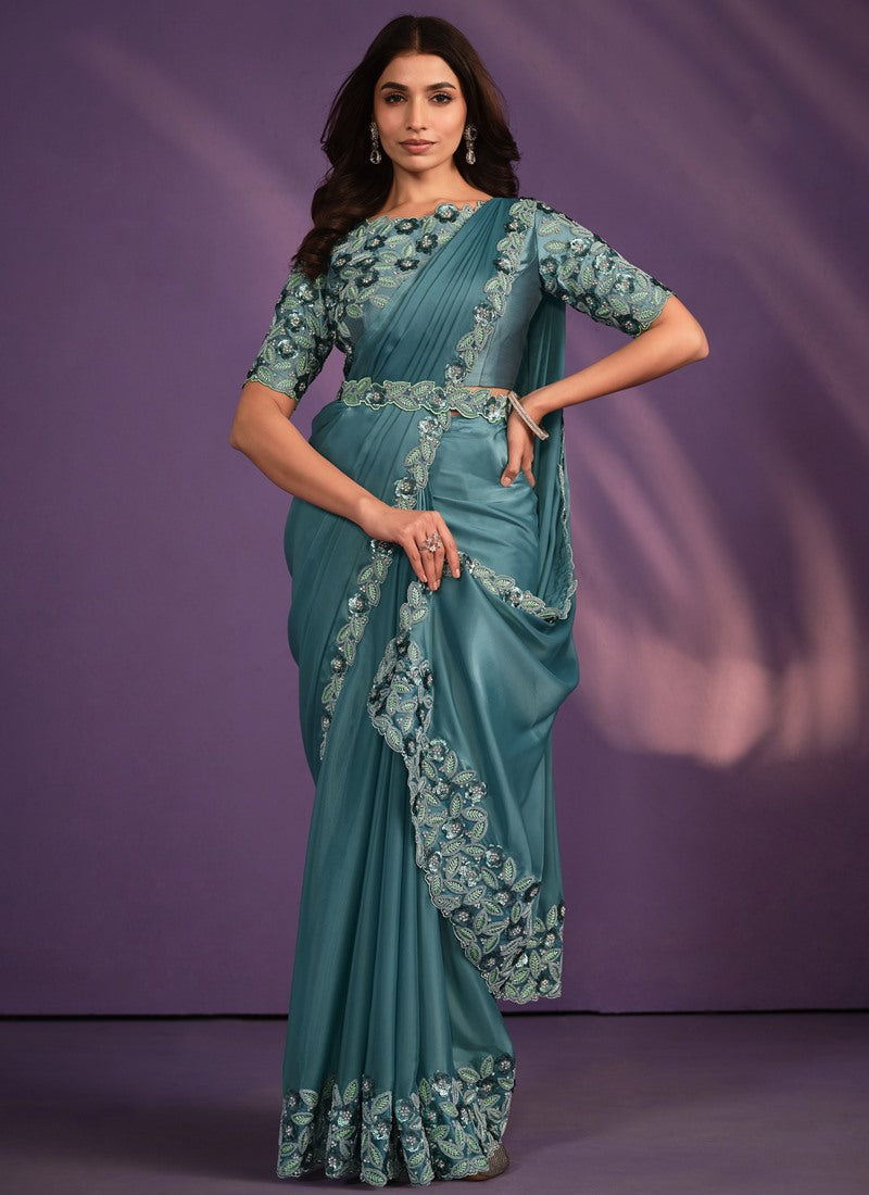 Sea Green Taffeta Ready Made Party Wear Saree with Thread and Stone Work