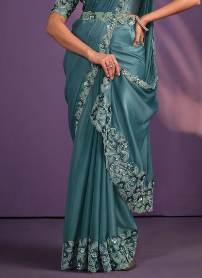 Sea Green Taffeta Ready Made Party Wear Saree with Thread and Stone Work-2