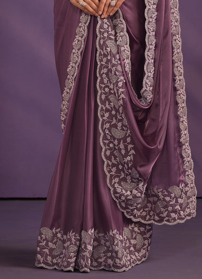 Light Purple Satin Ready Made Party Wear Saree with Thread and Stone Work-2