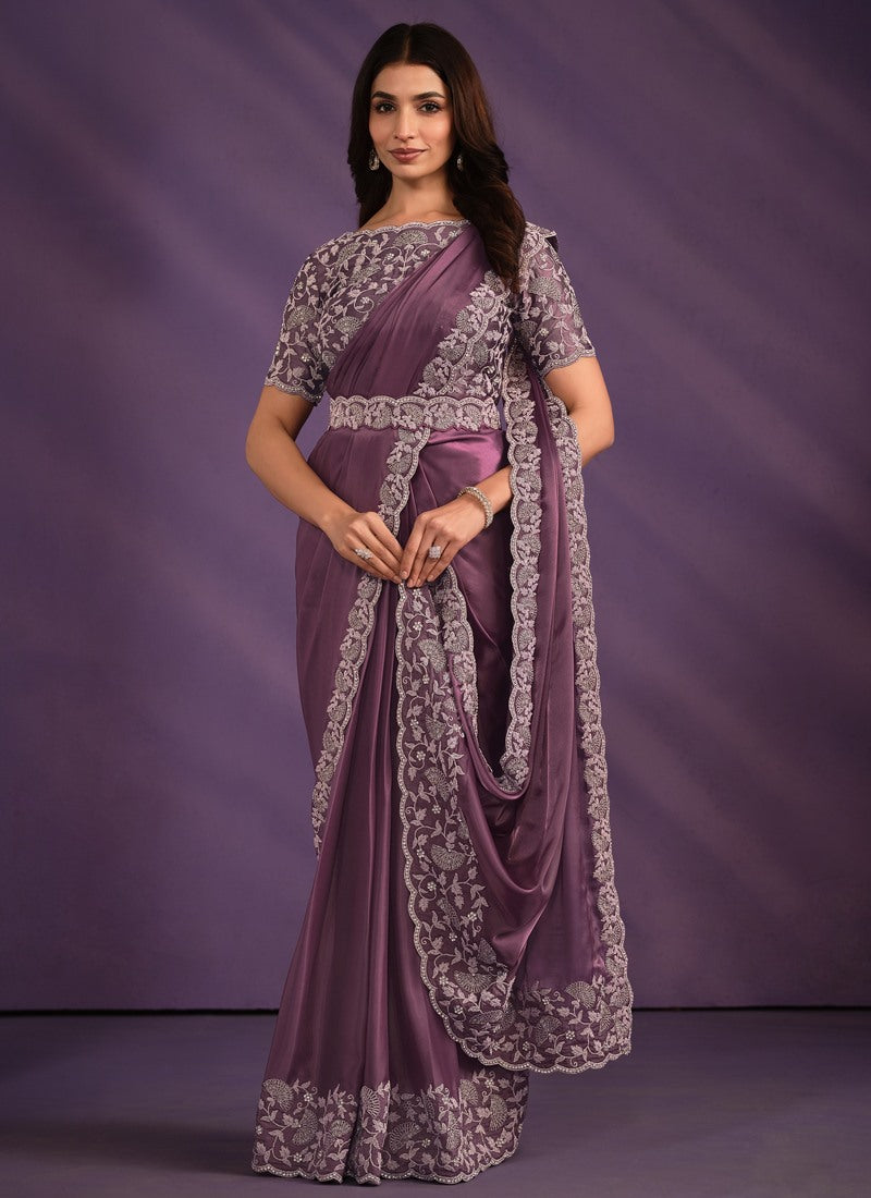 Light Purple Satin Ready Made Party Wear Saree with Thread and Stone Work