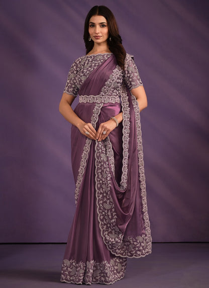 Light Purple Satin Ready Made Party Wear Saree with Thread and Stone Work