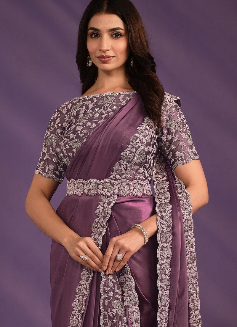 Light Purple Satin Ready Made Party Wear Saree with Thread and Stone Work-2