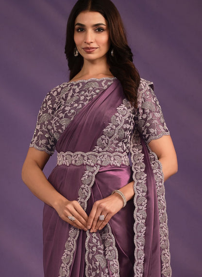 Light Purple Satin Ready Made Party Wear Saree with Thread and Stone Work-2