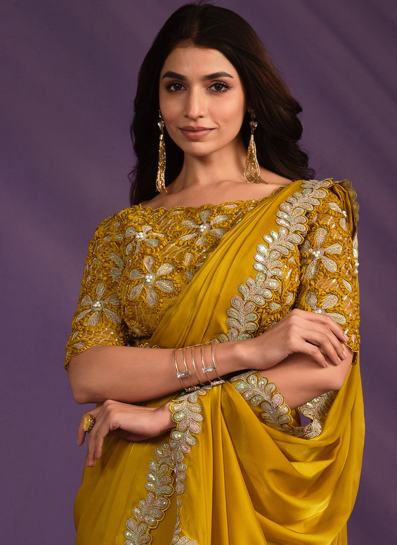 Yellow Silk Ready Made Party Wear Saree with Thread and Stone Work-2